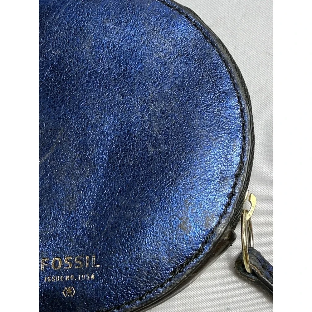 Fossil Penguin Leather Zip Up Coin Purse Wallet Blue Glitter Accessory Unique